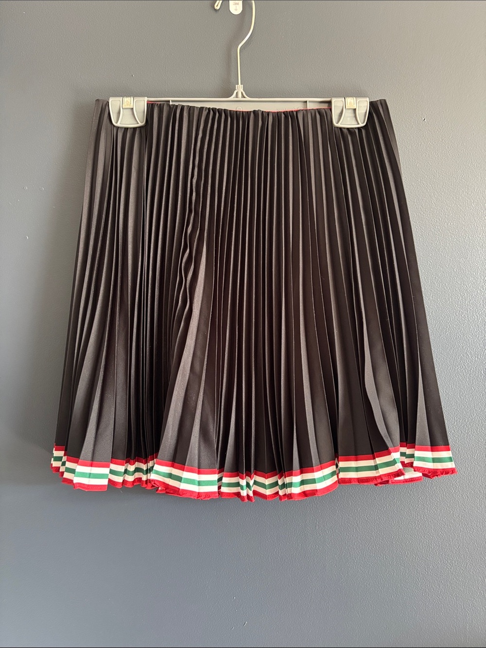 Anthropologie Black Pleated Skirt with Red, Green & White Trim